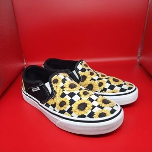 Vans Black & White Checkered Sunflower Slip Ons Size 6.5